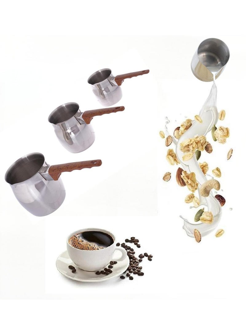 3 قطع من الفولاذ المقاوم للصدأ صانع القهوة العربية وعاء تسخين الشوكولاتة والحليب والزبدة وعاء تسخين صغير للزبدة مع فوهة موقد (200 مل، 400 مل، 600 مل، فضي) (فولاذ بمقبض بني) - Image 1